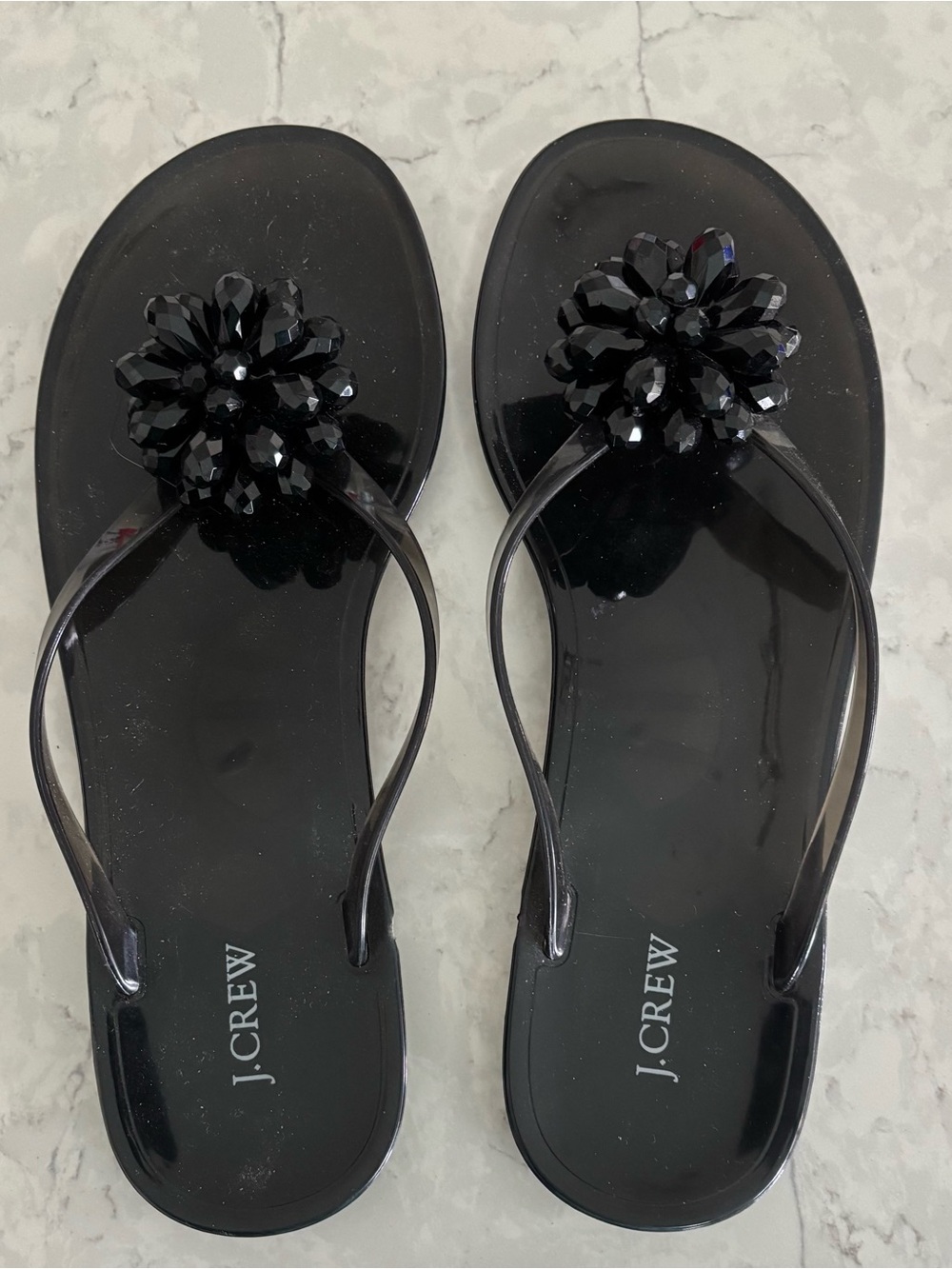 J. Crew Black Jeweled Flower Flip Flops